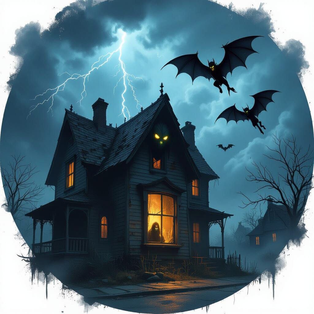 Gothic Haunted House with Witch and Vampires in Storm
