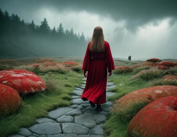 Psychedelic Landscape with Woman in Red Dress
