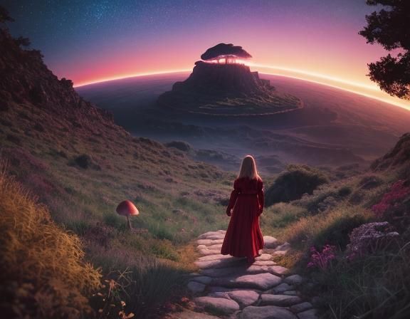 Psychedelic Landscape with Woman in Red Dress