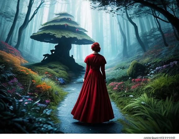 Woman in Red Dress in Cosmic Landscape