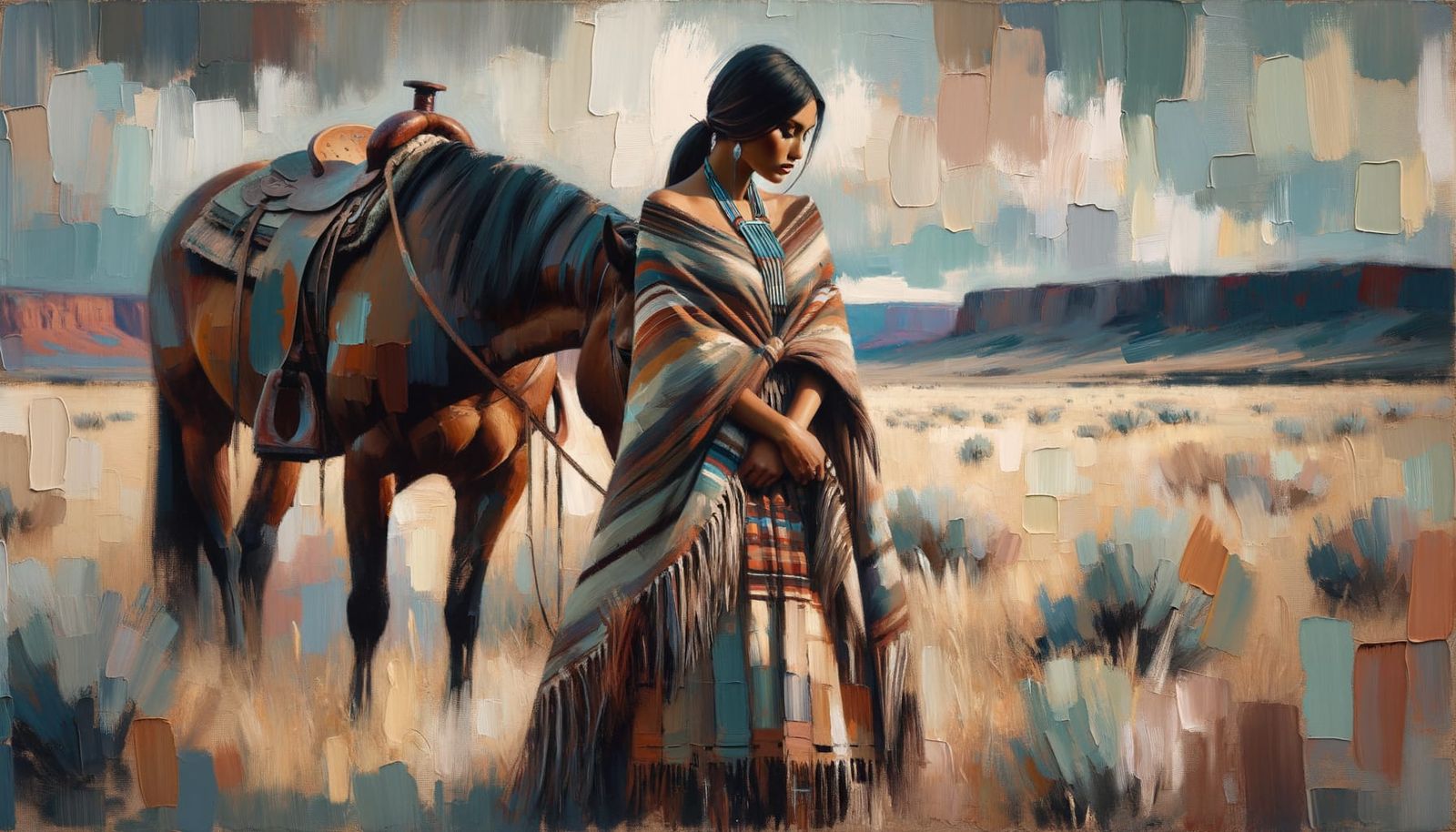 Romantic Navajo Woman Portrait in Gouache