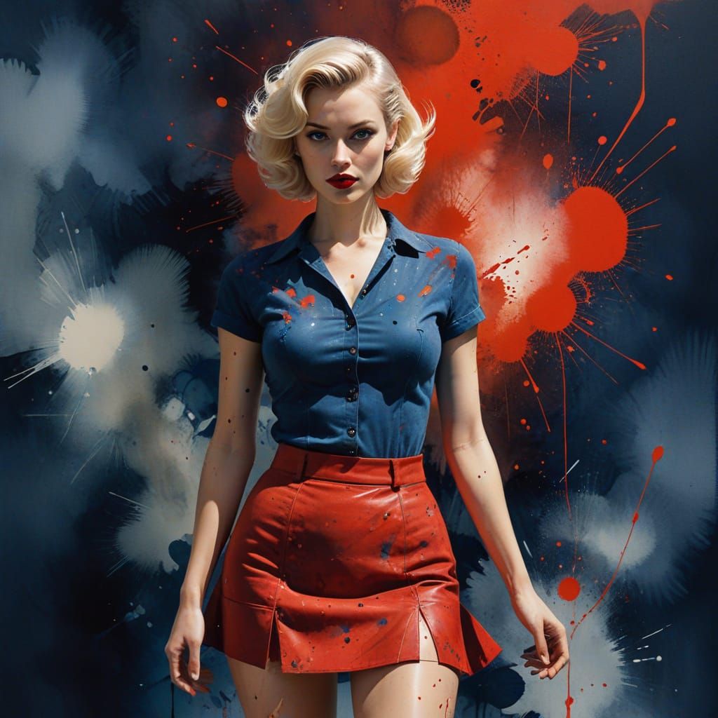 1950s Pin Up Woman in Red, Watercolor and Ink Style