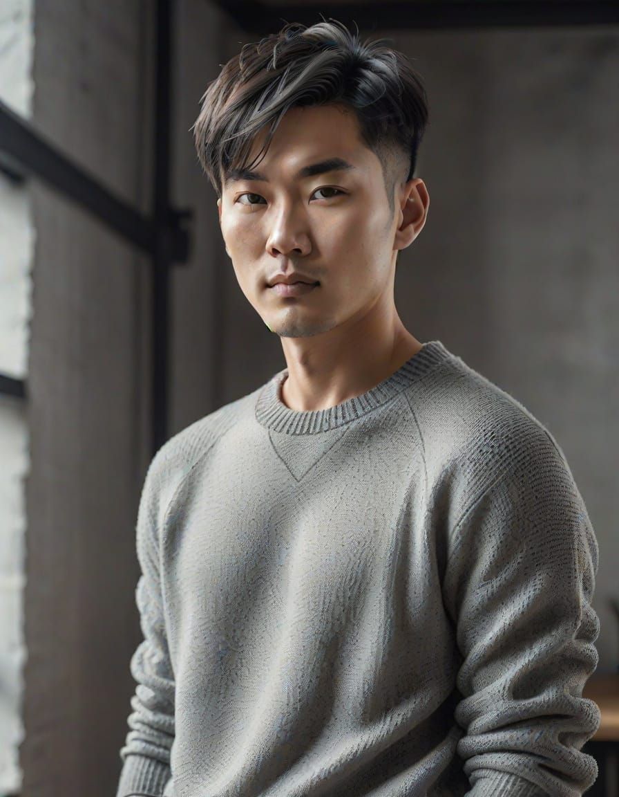 Asian Man with French Crop in Loft, Natural Light Portrait