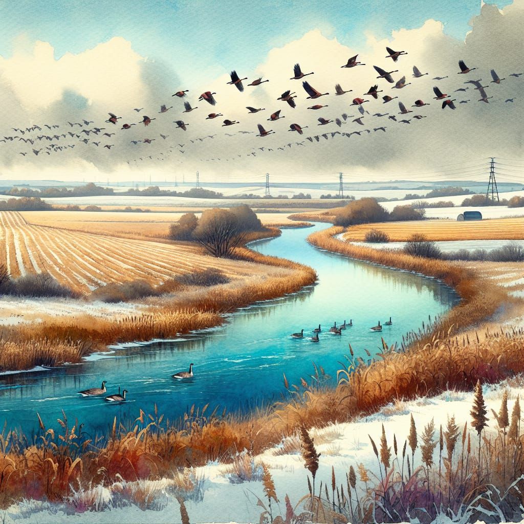 Fantastical Midwestern Plainscape with Lazy River and Geese
