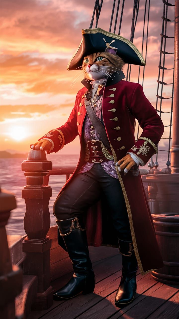 Tabby Cat Pirate Captain on Deck at Sunset