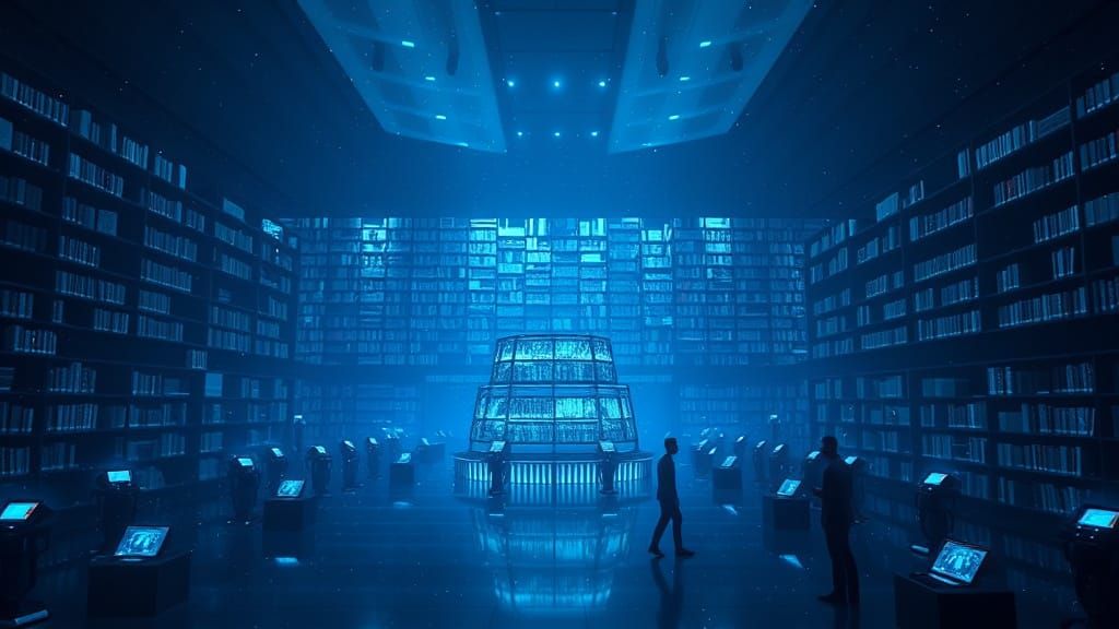 Holographic City Library at Night in Cyberpunk Style