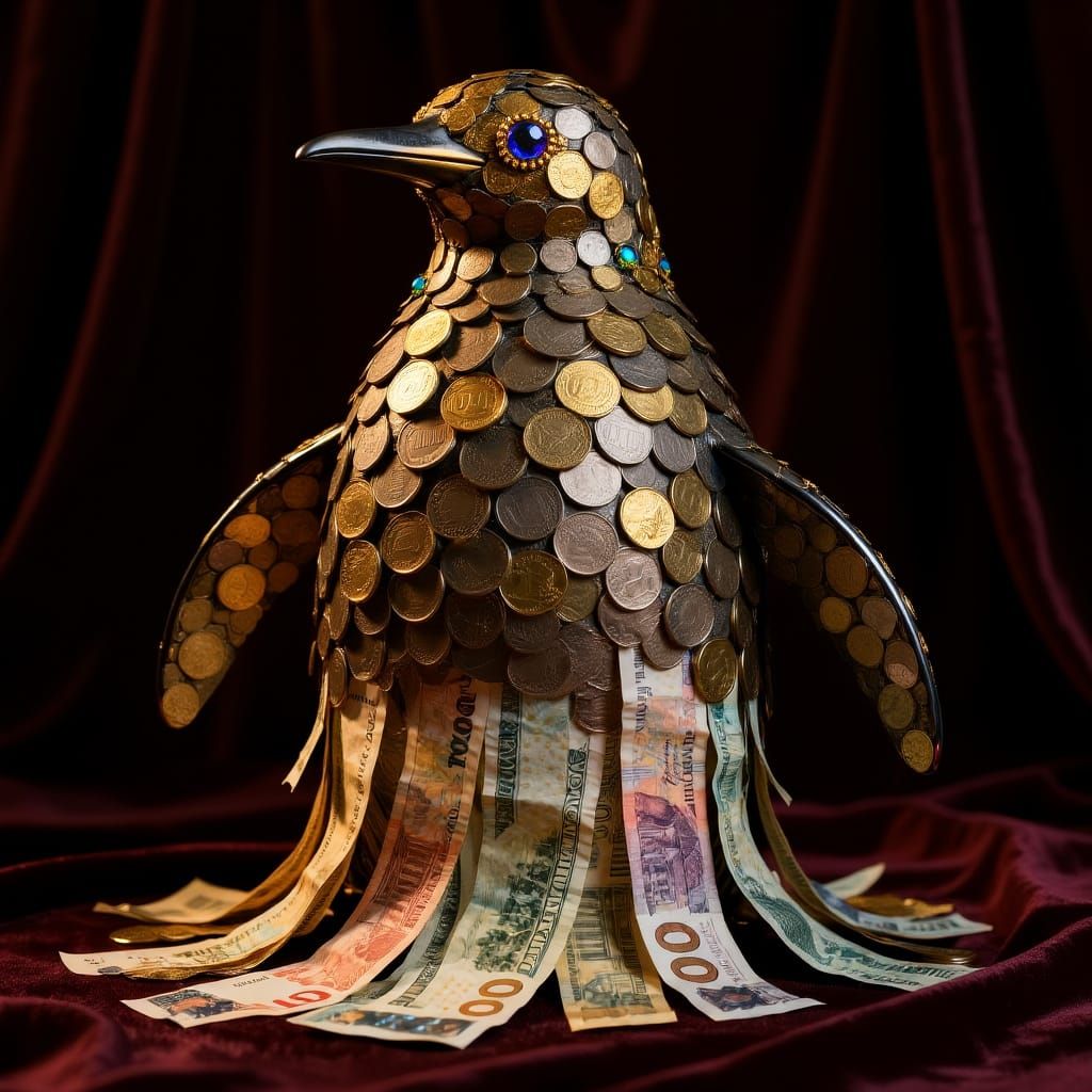Regal Penguin Sculpture Made of Coins