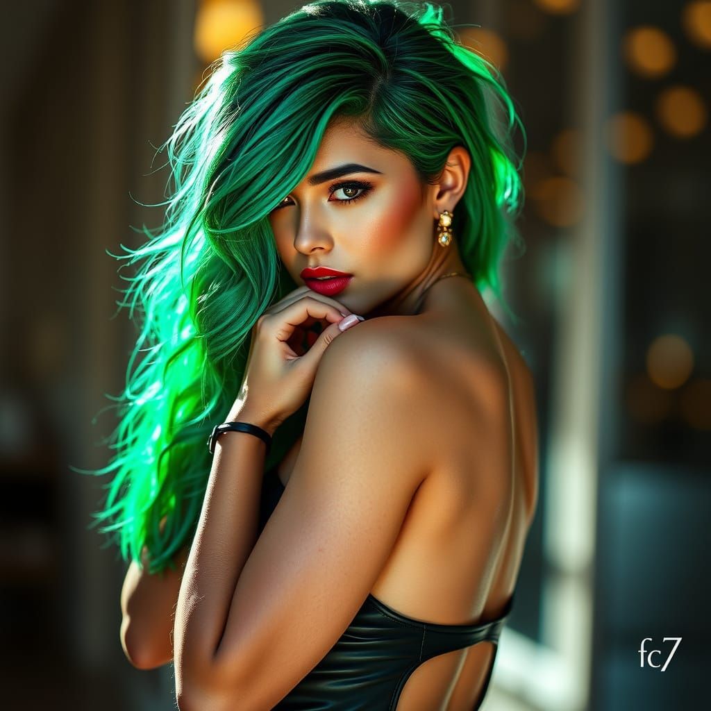 Stunning Woman in Emerald-Green Hair, Fashion Photography in...