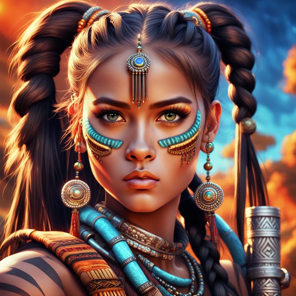 Bazooka-Wielding Tribal Woman: Fantasy Digital Art