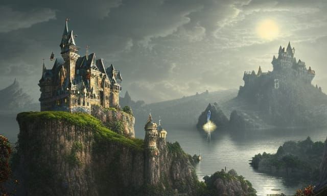 Floating Island Castle Above Sky Village: Digital Matte Pain...