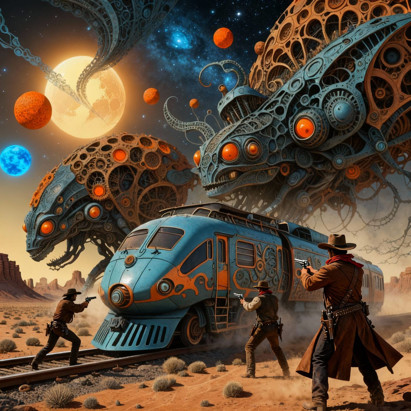 Wild West Train Robbery with Aliens in Detailed Matte Painti...