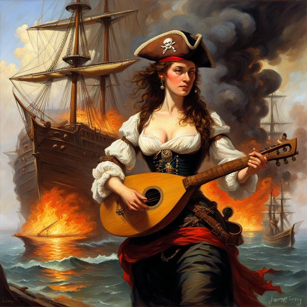 Pirate's Serenade: Burning Ships in Oil Painting Style