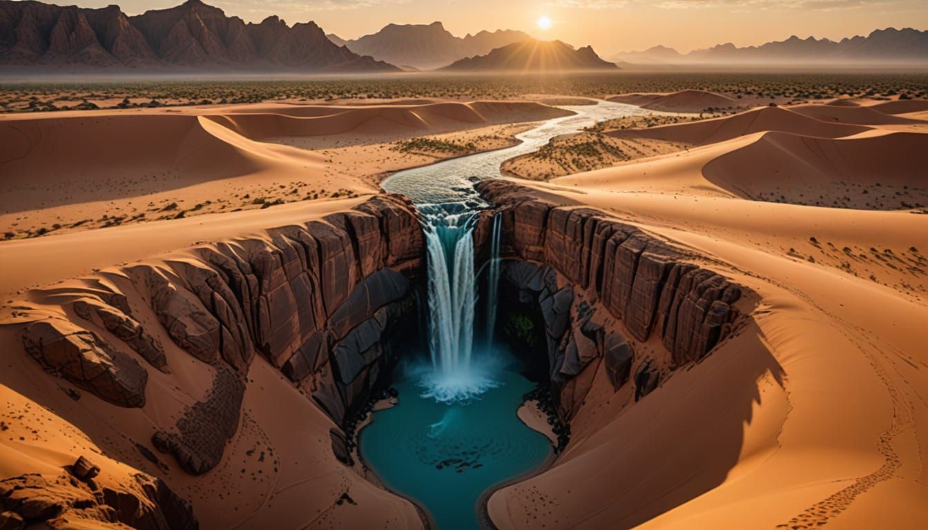 Majestic Waterfall Flows into Sahara Desert