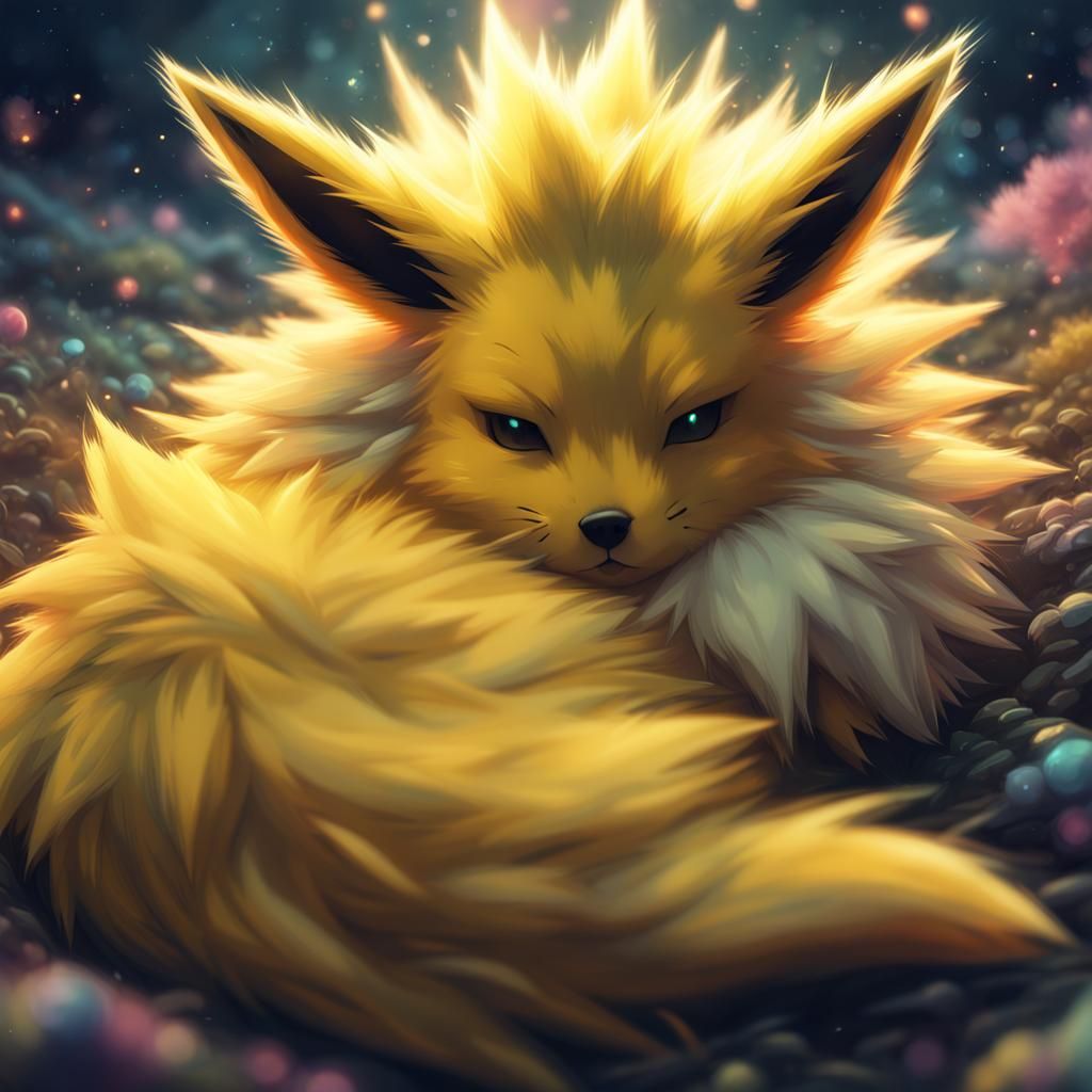 Sleeping Jolteon: Electric Pokémon in a Fantasy Scene