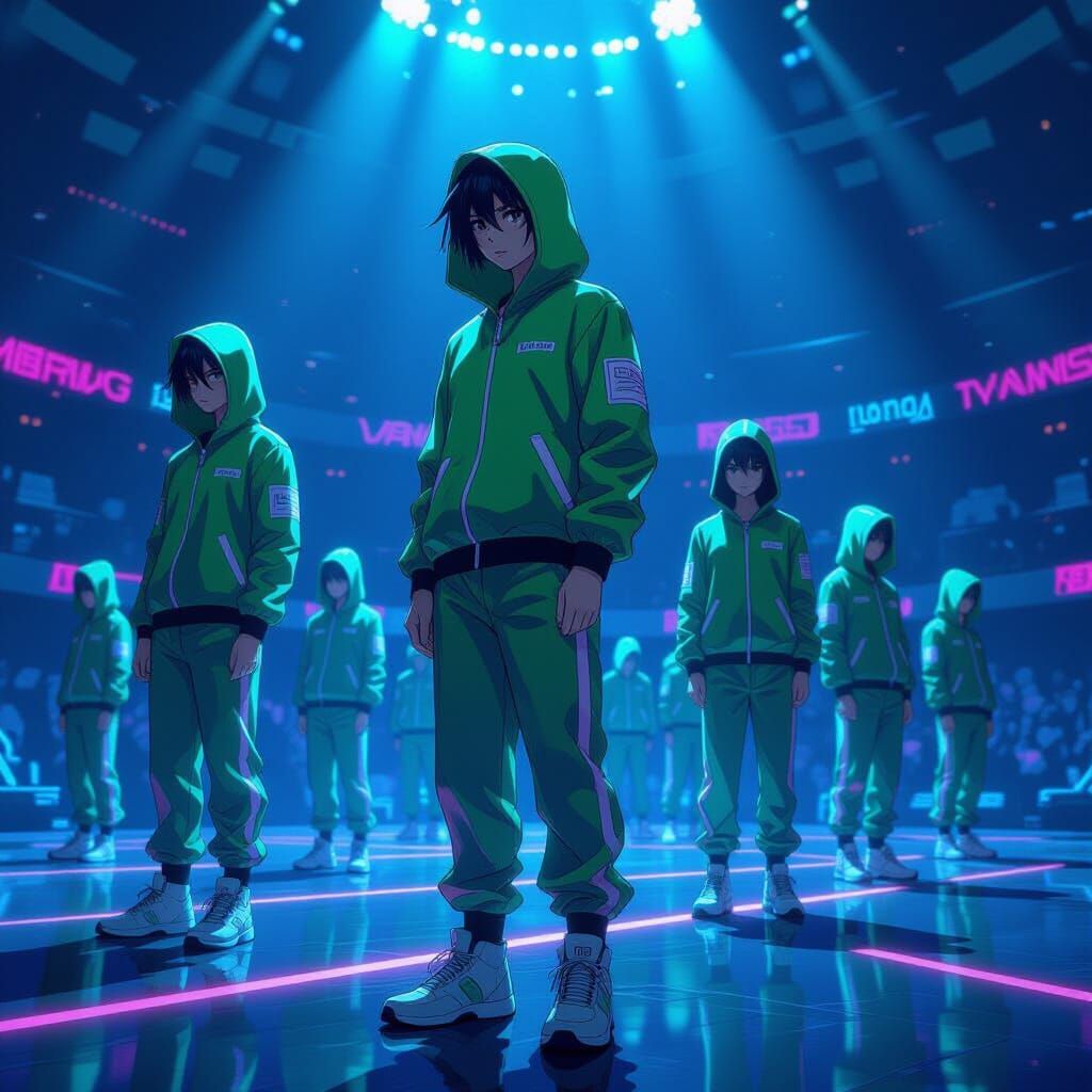 Dystopian Anime Scene in Neon-Lit Arena