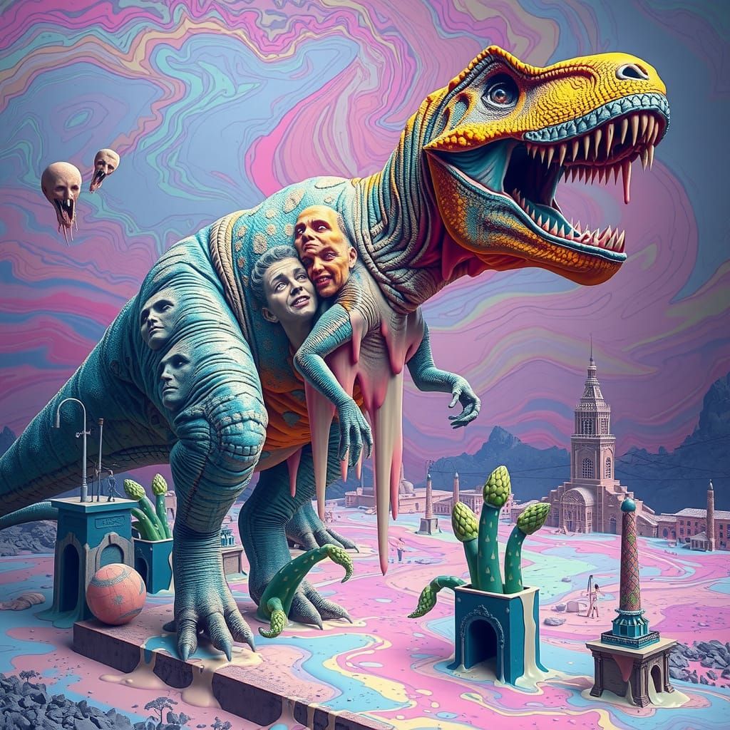 Surreal, Psychedelic Melting T-Rex Scene in Neon Colors