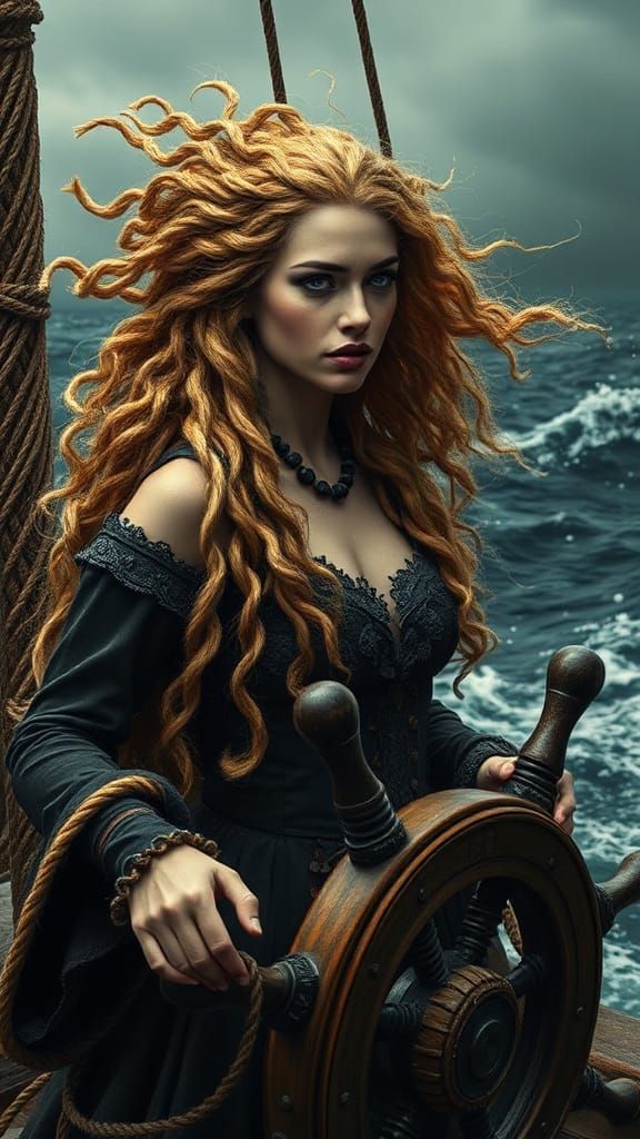 Pirate viking beautiful woman made of twine and string, attr...