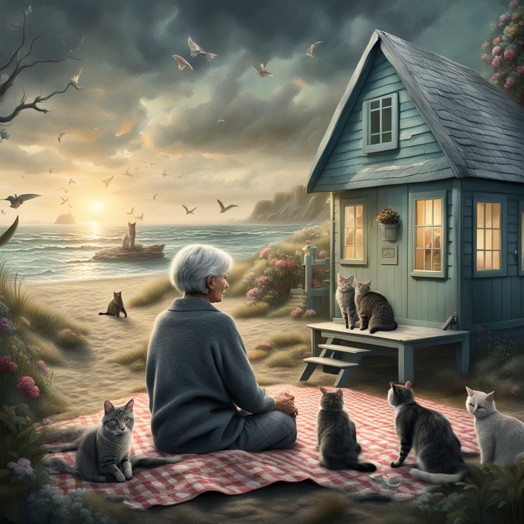 Woman with Cats at Beach Cottage: Digital Painting