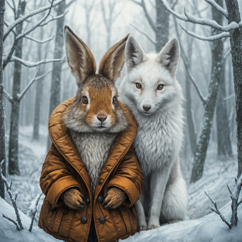 Frosted Forest Duo: Rabbit and White Fox