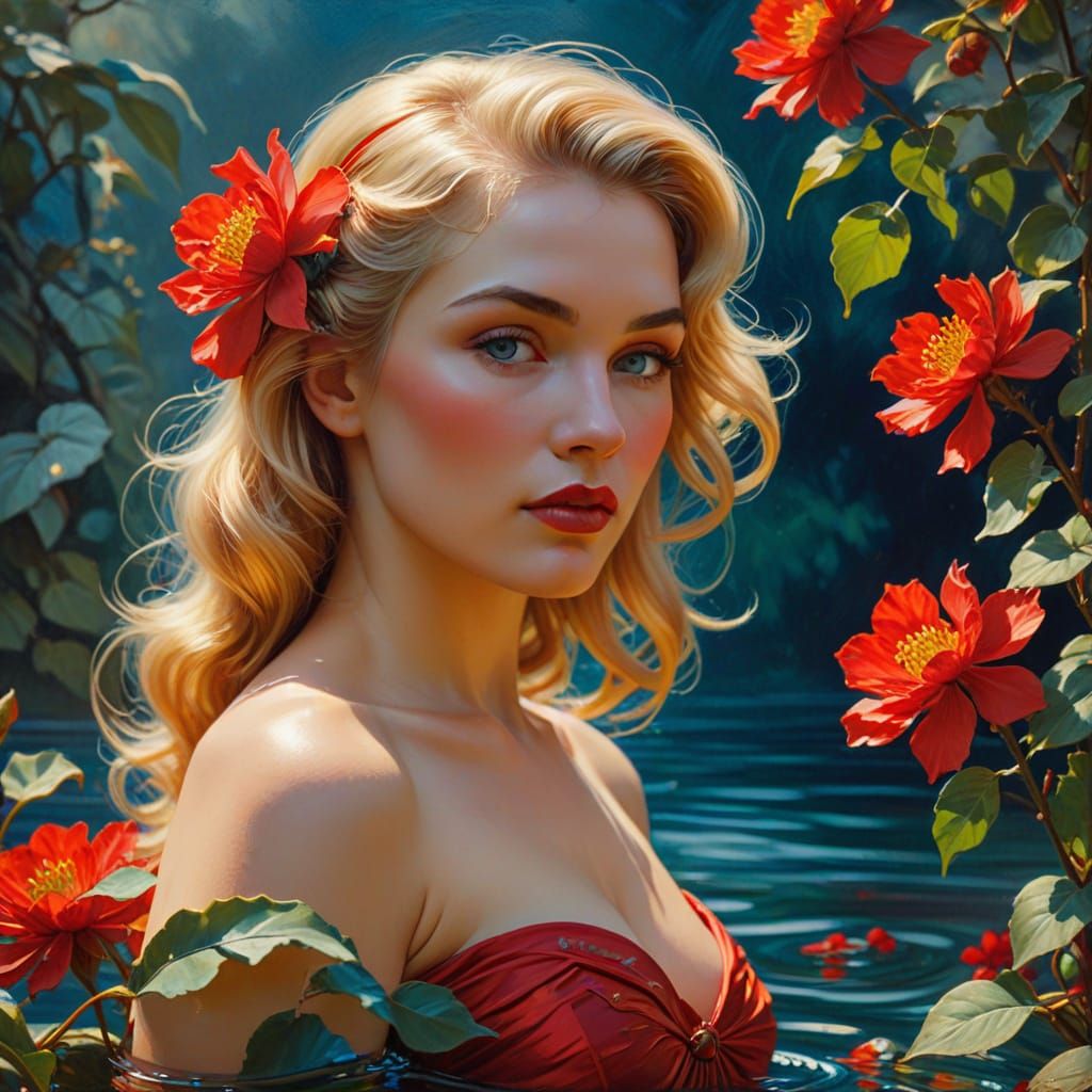 1950s Pin-Up Woman with Red Flowers in Tonalist Oil