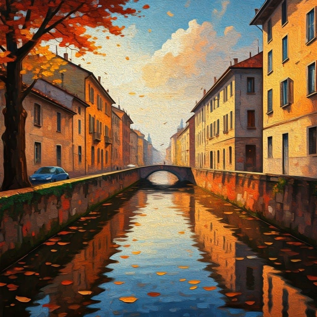 Milan Canal Scene in Impressionist Style