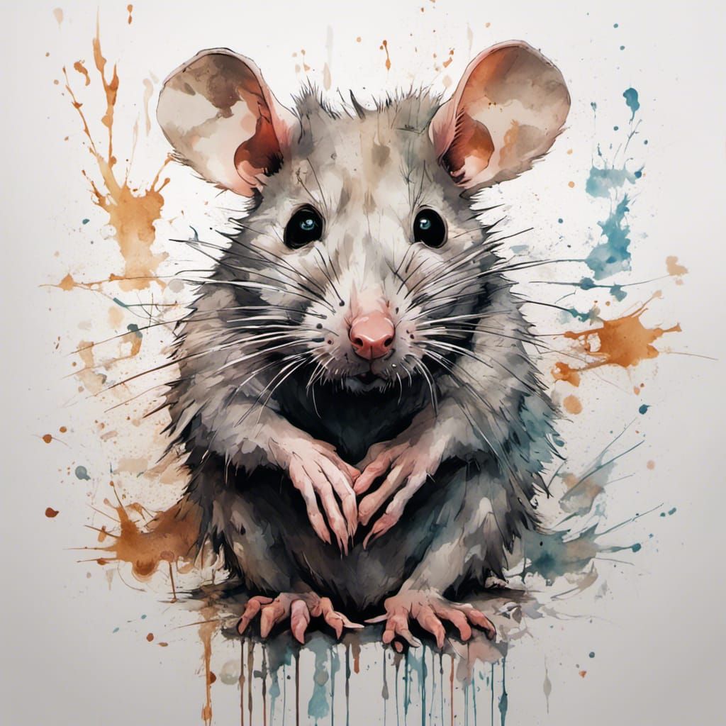 Hyperrealistic Inkblot Drawing of a Cute Rat