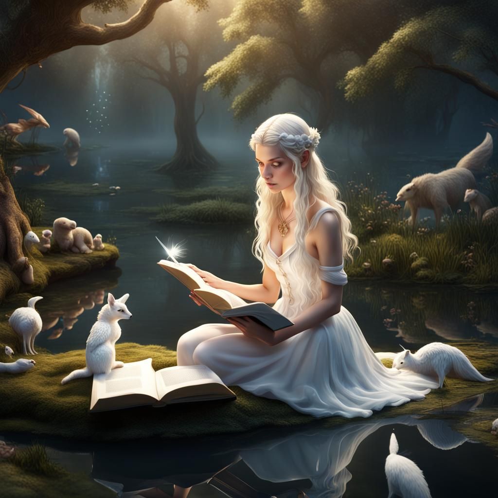 Blonde Fairy Reading by Pond: Fantasy Concept Art
