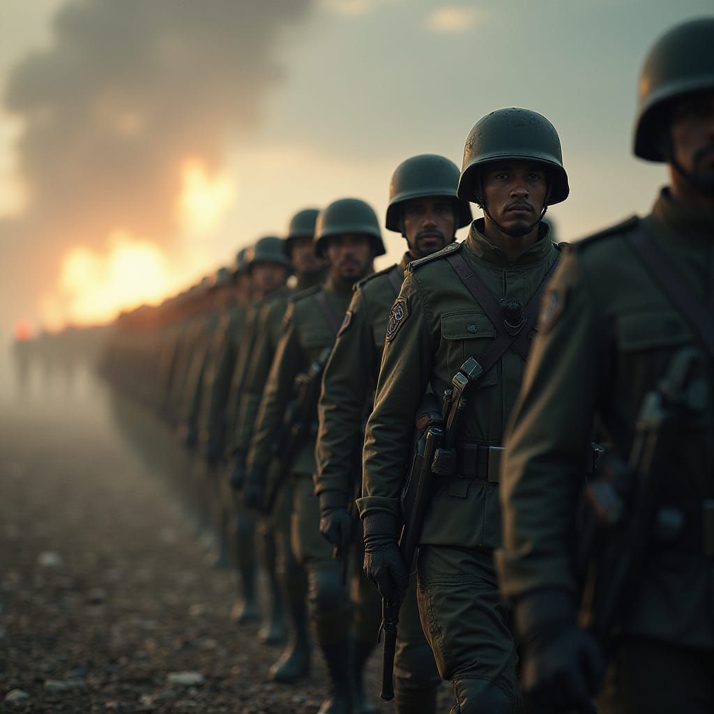 Soldiers Marching in Formation with Cinematic Lighting