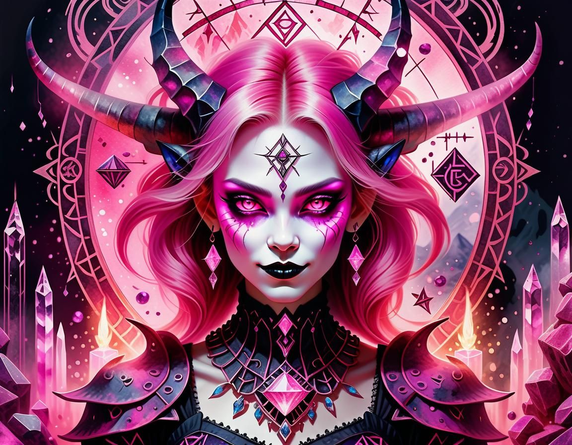 Vibrant Pink Goddess Illuminated by Glowing Crystals