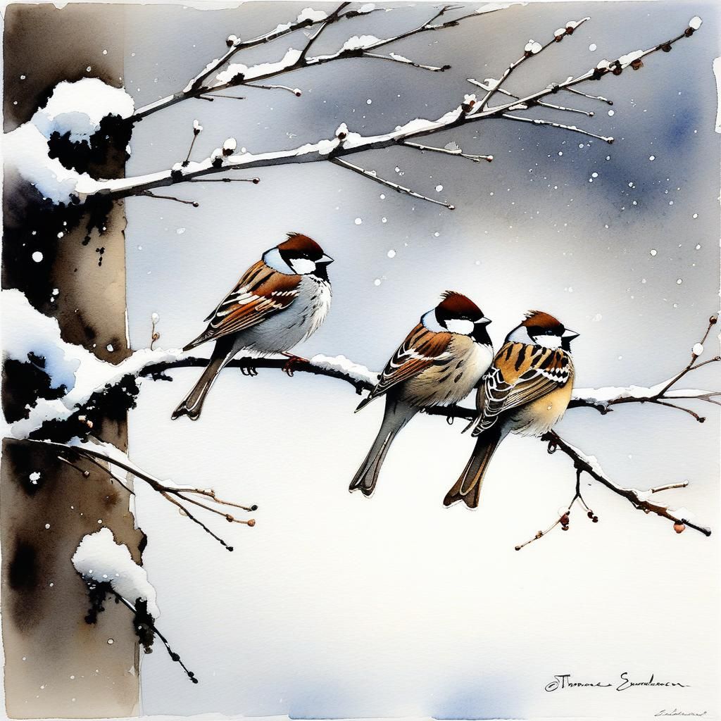 Sparrows Sleeping on Twig: Watercolor and Ink