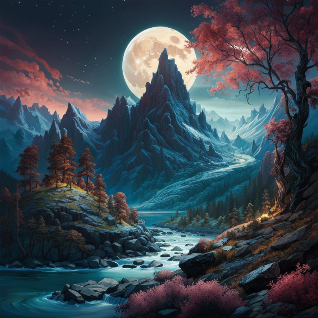 Fantasy Mountain Landscape in Detailed Maximalist Style