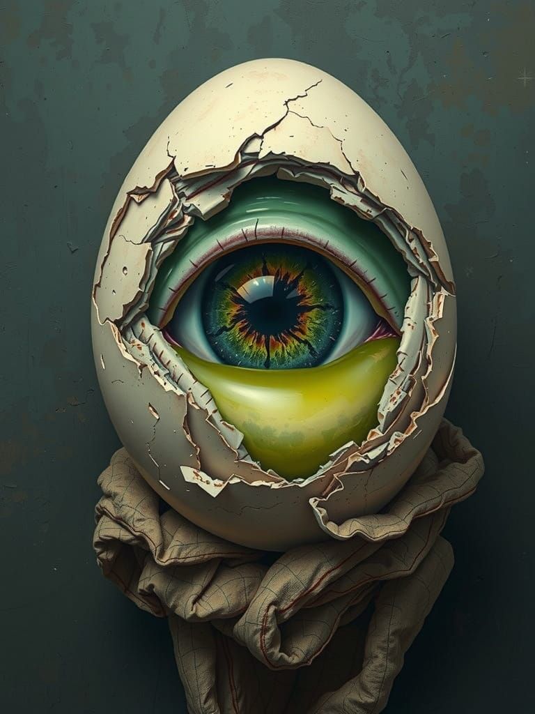 Surreal Oil Painting of a Grotesque Eye in a Cracked Egg-Sha...