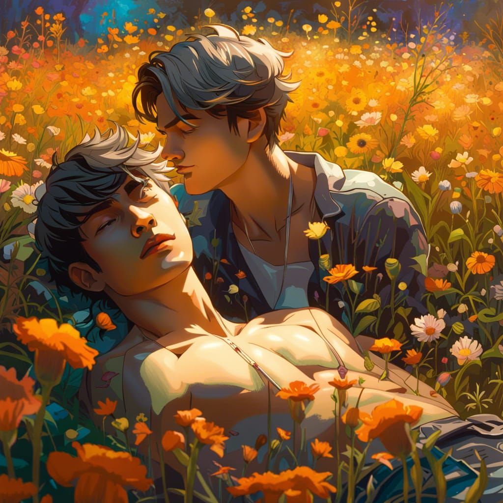 Shirtless Man in Field of Flowers, Art Nouveau Style