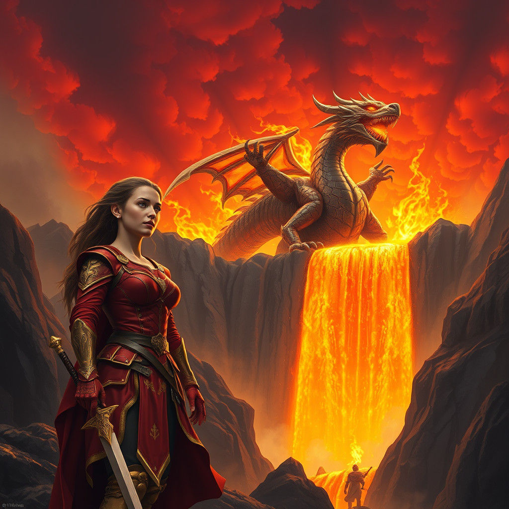 Crimson Armored Warrior at Fiery Waterfall