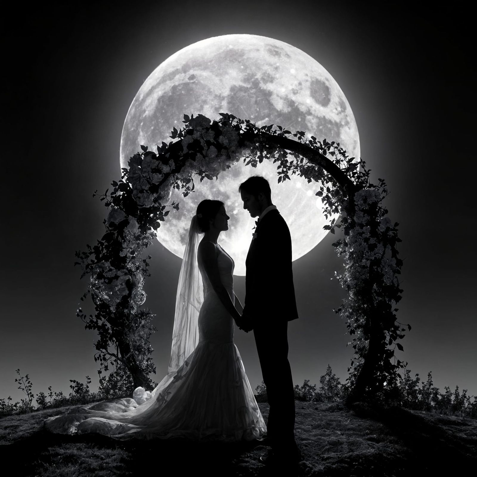 Silhouetted Bride and Groom Under Moonlit Arch