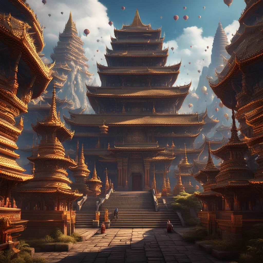 Detailed Temple with Monks: Fantasy Concept Art