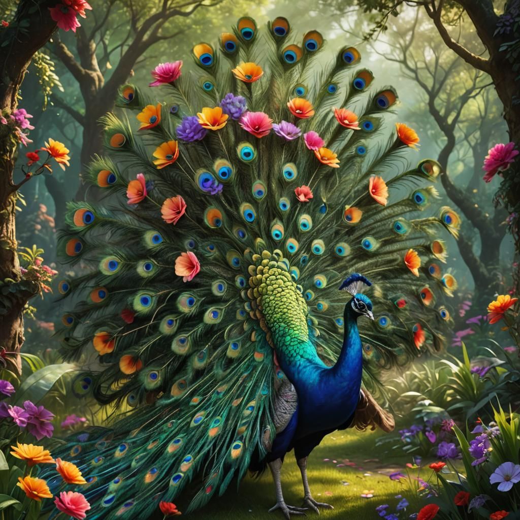Peacock Displaying Feathers Among Exotic Flowers