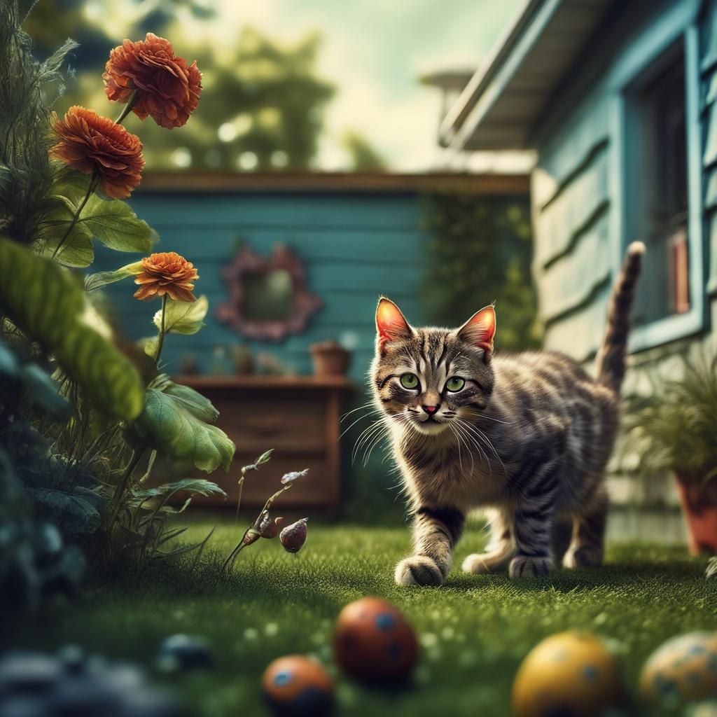 Hyperrealistic Cat Stalking Prey in Backyard - Masterpiece