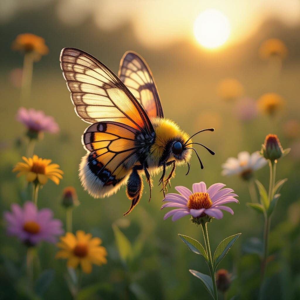 Fantastical Butterfly Bee Hybrid in Golden Hour Sunlight