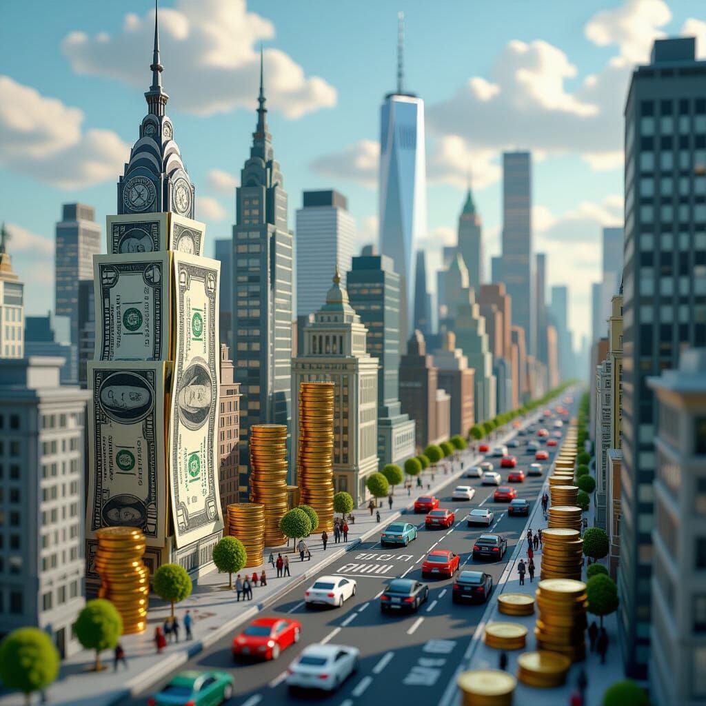 Futuristic Paper Money Cityscape with Coins