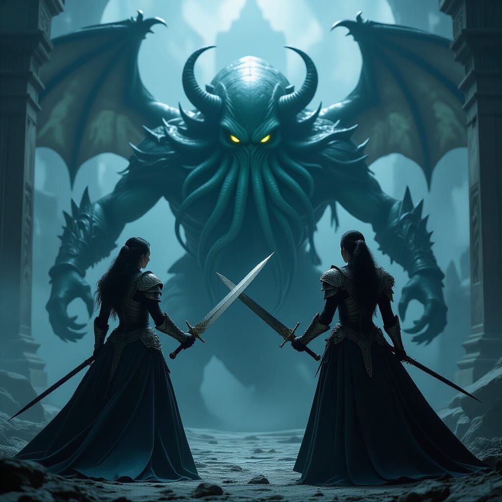 Women Battle Cthulhu Deity in Dark Fantasy Style