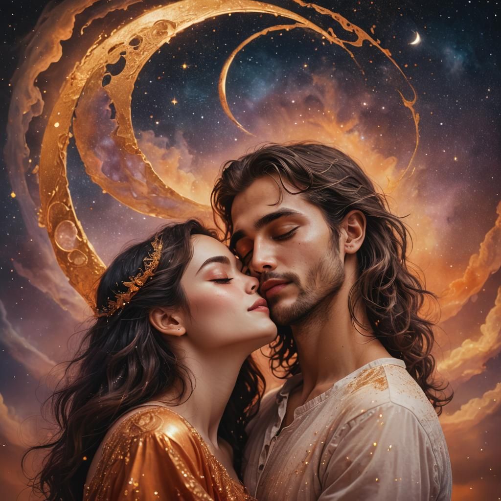 Romantic Couple Kissing Under Crescent Moon