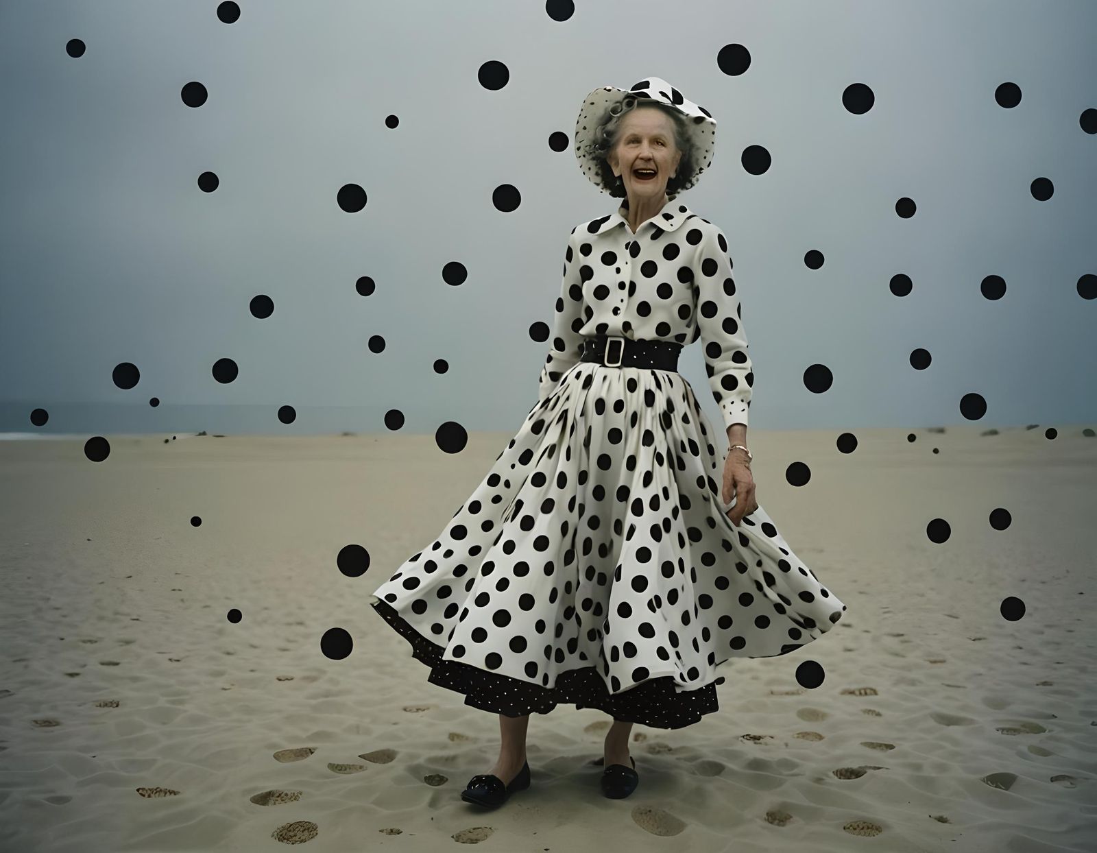 Joyful Beach Scene with Polka Dots, Tim Walker Style