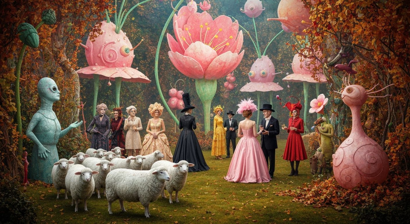 Surreal Garden Party with Sheep, Bioluminescent Flowers