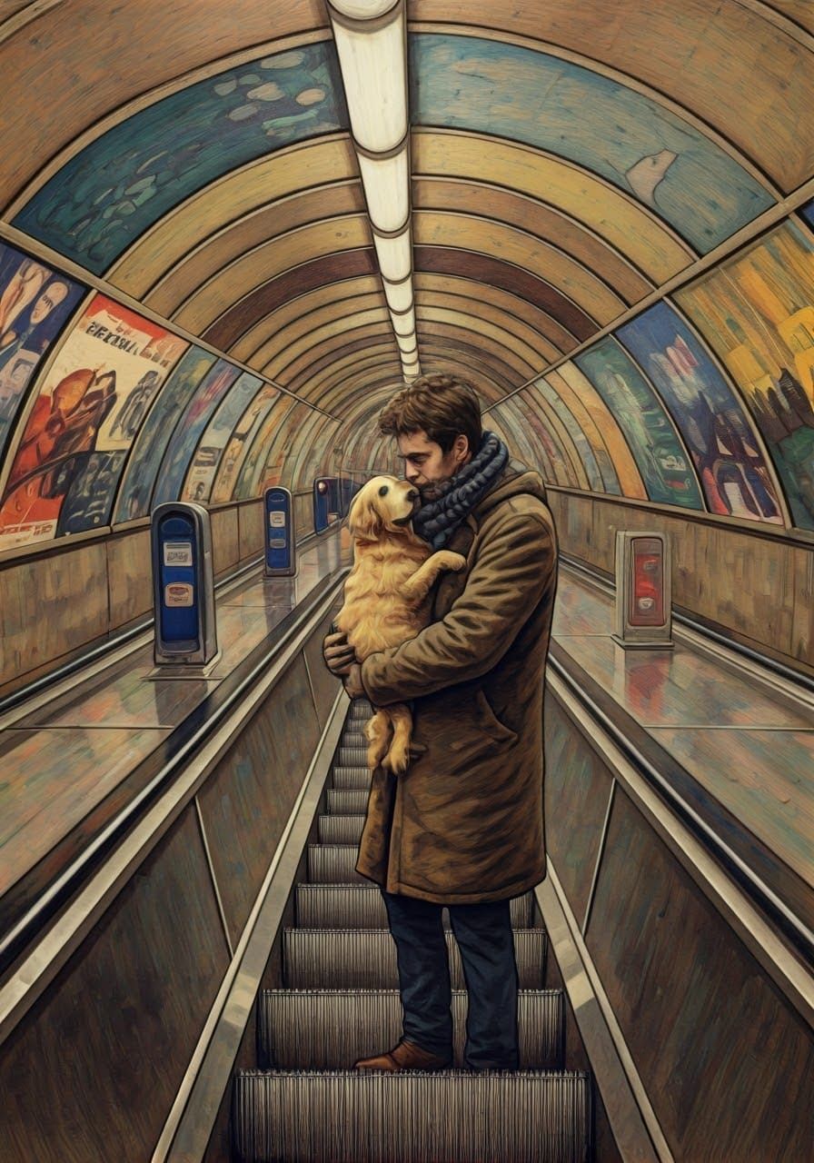 Man and Terrified Dog Ride Escalator in London Tube Station