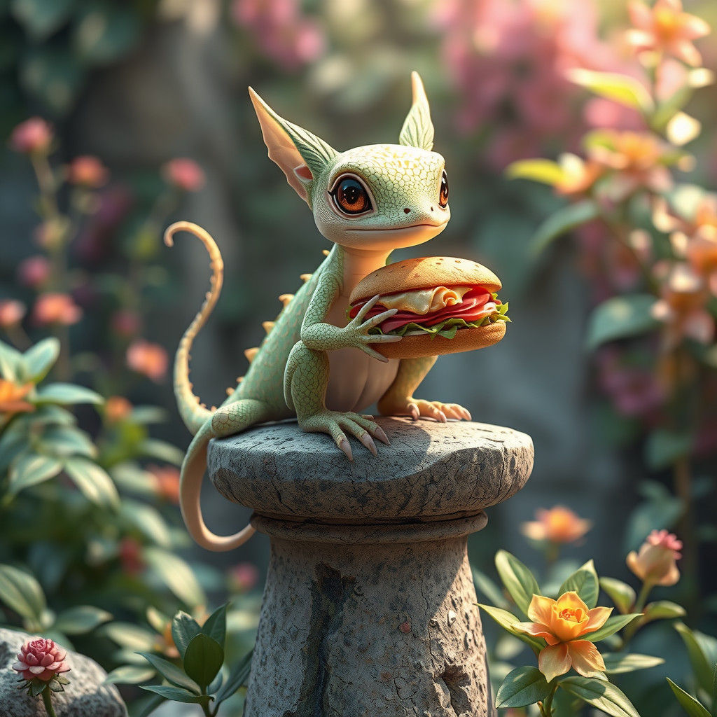 Lizard Eating Sandwich in 3D Anime Style