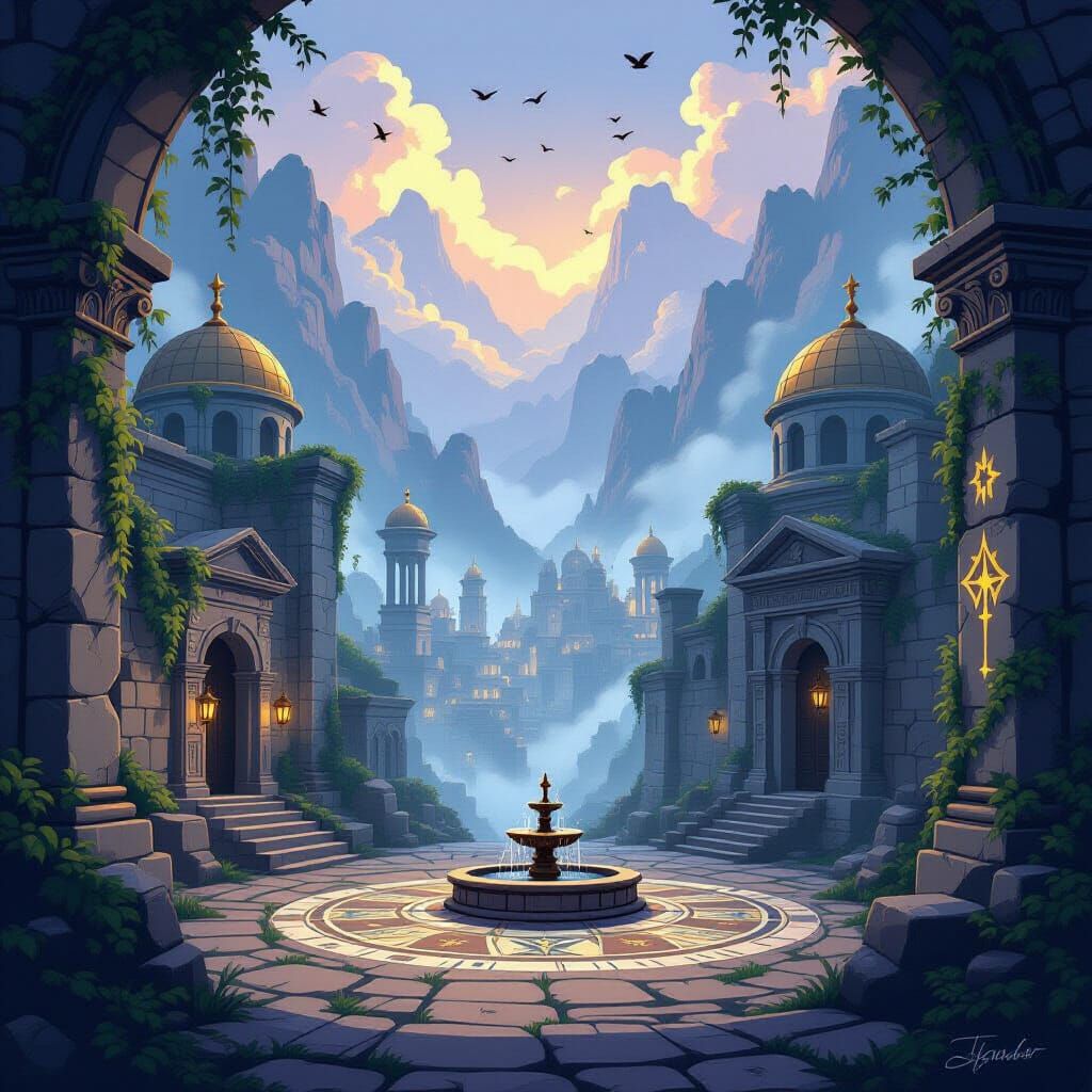 Lost City in Misty Mountains, Cartoon Style