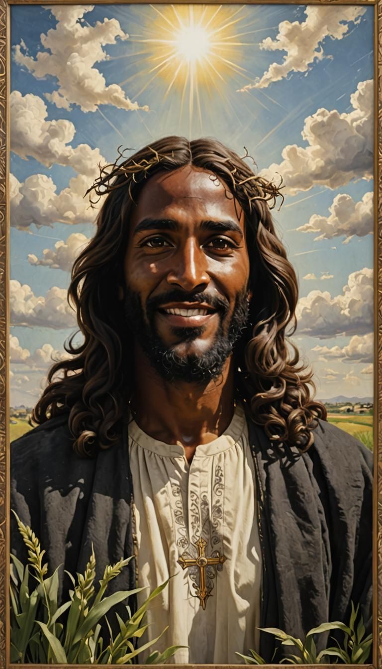 Radiant Portrait of Smiling Jesus in Sunny Field