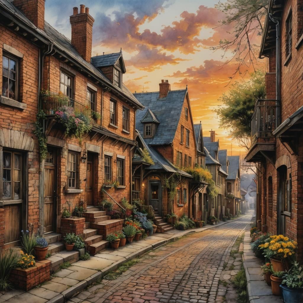 Picturesque Old Town Street in Spring Colors