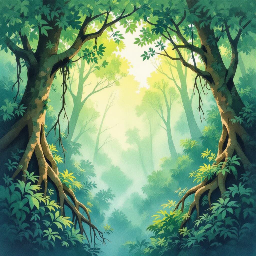 Upside-Down Forest in Whimsical Watercolor Style